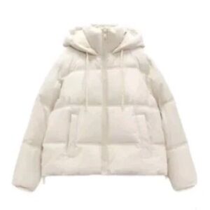 Zara Womens’s Hooded Puffer Jacket Off-White Cream Ivory - size Small